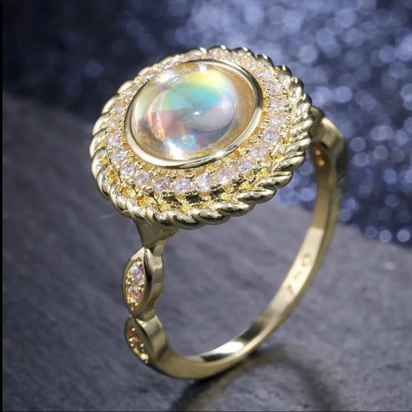 New Yellow Gold Plated Clear Opal Diamond Ring - Picture 4 of 6